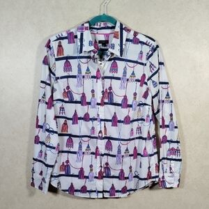 04158 Talbots navy and fuchsia L/S tassel print cotton button blouse S NWT